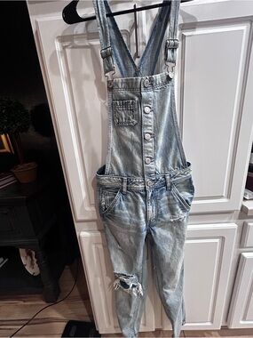 American Eagle Outfitters overalls Blue Denim Jeans with Brown Leather Patch